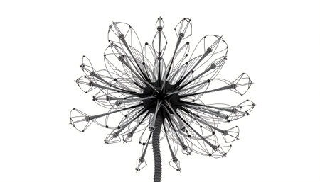 This is a digitally rendered black and white illustration of a stylized dandelion viewed from below. The image features an intricate, mechanical-like structure with wireframe seed heads, giving it a futuristic and abstract appearance. The clean white background emphasizes the complexity and symmetry of the design.の素材