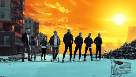 In a surreal, post-apocalyptic urban scene, a group of young men and women stand amidst the eerie silence of a ruined city at sunset. The sun blazes a brilliant orange in the sky, casting dramatic shadows across abandoned buildings and piles of discarded electronics. Several figures gaze toward the horizon while one pushes a shopping cart, symbolizing aimlessness or rebellion. The mix of modern streetwear and the dystopian backdrop creates a striking contrast between youth culture and societal decay.の素材