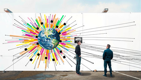 This image shows a striking piece of public art on a white wall. The mural features a realistic Earth at its center, surrounded by an explosion of colorful bars and lines radiating outward like a starburst. The colorful rays include bright pinks, yellows, greens, oranges, purples, and blues, interspersed with black elements and thin black arrows extending to the edges. Two people are standing in the foreground viewing the artwork - both appear to be men in dark clothing, seen from behind. One wears a black jacket while the other wears a teal or dark green top. Theyre standing on what looks like a parking lot surface. The installation appears to be outdoors under a clear sky, mounted on a white wall or barrier.の素材