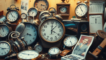 A richly detailed vintage-themed image showcasing a cluttered tabletop filled with a variety of analog clocks and wristwatches, each showing different times. The collection ranges from alarm clocks to pocket watches, creating a nostalgic atmosphere. A couple of sepia-toned photographs one of a young man in a suit and one of a couple are also included, hinting at personal memories or stories tied to the passage of time. The warm lighting, wooden backdrop, and mix of leather and metal accents enhance the retro aesthetic.の素材