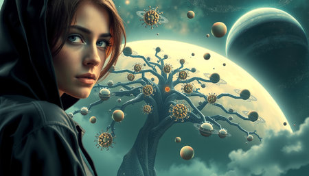 A mysterious young woman in a hooded jacket stands in the foreground of a surreal cosmic landscape. Behind her, an enormous tree with metallic, mechanical branches stretches across space, bearing orbs and virus-like structures as fruit. The background features glowing planets and swirling celestial bodies, casting an ethereal teal and gold glow across the scene. The image combines elements of science fiction and fantasy, evoking themes of cosmic mystery, technology, and the interconnectedness of life.の素材