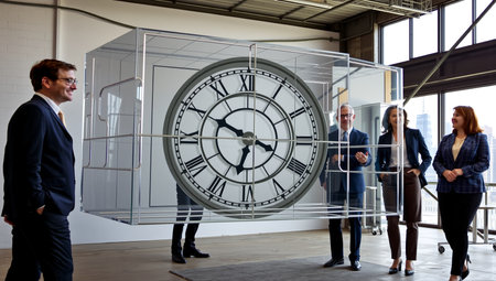 The image shows a large clock with Roman numerals displayed inside a transparent glass or acrylic cube structure in what appears to be a modern exhibition or gallery space. The clock face is white with black Roman numerals and hands, designed in a classic style. The cube housing is mounted on what seems to be a wheeled base. Several individuals in business attire are viewing the installation - one person in a dark suit on the left side is smiling at the display, while three others (two women and one man) stand on the right side of the clock. The setting features large windows allowing natural light into the space, with white walls and a wooden floor. The installation appears to be an artistic or design piece that merges traditional timekeeping with contemporary display methods.の素材