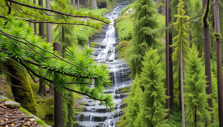A mesmerizing waterfall cascades gently down terraced rock formations, surrounded by a lush, green forest of tall, slender coniferous trees. The vibrant greenery, varied textures of foliage, and the rhythmic flow of water create a serene and enchanting natural scene. The foreground features unique needle-like leaves, adding contrast and depth to the forested backdrop.の素材