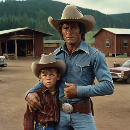 A man and a child stand together in a rural, western setting, both wearing cowboy hats. The man is dressed in a blue denim shirt with a prominent belt buckle, exuding a classic western style. The boy, with an expression of seriousness, wears a plaid shirt, emphasizing the cowboy theme. Behind them, wooden ranch buildings and vintage cars set the scene, suggesting a mid-20th century timeframe. The backdrop of lush green trees and hills contrasts with the earthy tones of the buildings and ground. This image captures a moment of connection and protection, highlighting themes of family and rural life.の素材