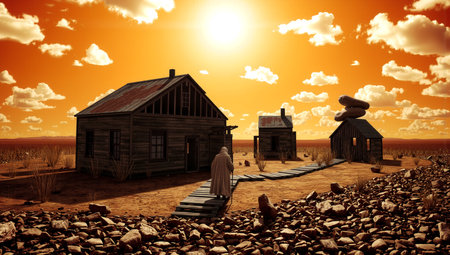 In a surreal, dreamlike landscape, three wooden shacks sit under a vast, bright orange sky illuminated by a glaring sun, casting long shadows across a rocky desert terrain. The buildings are weathered, with rusted roofs, and a small wooden path connects them. A mysterious cloaked figure walks along the path with a staff, adding an element of narrative intrigue. The clouds are fluffy and scattered, contrasting against the bold, warm tones of the sky. The scene is barren yet artistically composed, evoking a sense of desolation and isolation, while simultaneously captivating with its unusual beauty. The composition combines elements of Western architecture with a surreal, almost alien atmosphere.の素材