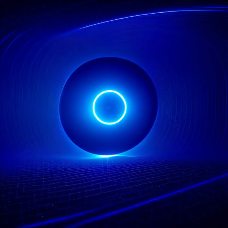 A luminous, circular blue shape dominates the center of the image, creating a captivating focal point. Surrounding the circle is a glowing halo, emitting soft gradients of blue light that gently fade into the surrounding darkness. The background features a series of line patterns that appear to radiate outward from the circle, adding depth and texture to the composition. A grid-like pattern extends across the lower part of the image, offering a sense of virtual space or futuristic design. The overall color scheme is a mesmerizing spectrum of blues, with highlights and shadows enhancing the sense of dimension. The image conveys a sense of mystery and intrigue, reminiscent of science fiction aesthetics or digital art.の素材