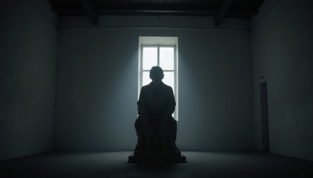 A statue sits in a dimly lit room, silhouetted against a bright window. The contrast between the dark figure and the glowing light creates a striking visual effect. The rooms minimalist design emphasizes the statues solitary presence. The statue appears to be of a seated person, exuding a serene and contemplative aura. The natural light floods in through the window, casting soft shadows around the figure. The scene evokes feelings of tranquility and introspection.の素材