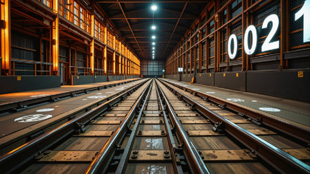 The image depicts an industrial setting inside a large, spacious warehouse or train depot. The warehouse is illuminated by overhead lights, casting a warm orange glow on the steel beams and structures. Multiple train tracks run parallel through the center, leading the eyes toward a closed, distant end. The walls are adorned with large, illuminated numbers, adding a modern, digital touch to the scene. The floor is marked with various symbols and numbers, possibly indicating track designations or safety instructions. The overall atmosphere suggests a place of significant activity and coordination, likely involved in train operations or maintenance.の素材