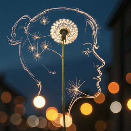 The image features a delicate dandelion positioned at the center against a twilight sky, cleverly integrated with a line drawing of a human face. The dandelions seeds appear to be gently blowing away, intertwined with the illustrated profile, suggesting the theme of thoughts or dreams taking flight. Bokeh lights illuminate the background, evoking a dreamy and serene atmosphere. The sky is a deep blue, enhancing the brightness of the dandelion and the outline of the face. This combination of organic and artistic elements creates a sense of whimsy and imagination. The image beautifully captures a moment where nature and creativity intersect, inviting viewers to contemplate the freedom of ideas.の素材