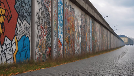The image shows a long concrete wall covered in colorful graffiti, stretching into the distance. The artwork is intricate, featuring a variety of colors like red, blue, and yellow with abstract shapes and patterns. The wall stands beside a cobblestone path, bordered by patches of grass with fallen leaves scattered around. Several streetlights line the wall, adding an urban feel to the scene. In the distance, people are seen walking towards a building, suggesting a city environment. The sky is overcast, giving the scene a calm, subdued atmosphere.の素材