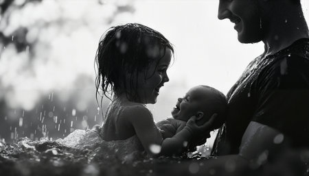 A young child and a baby are joyfully playing in water. The childs face beams with happiness as they tenderly hold the baby, who is also smiling. Droplets of water are visibly falling, creating a dynamic and lively scene. Both are wet, with water glistening on their skin and hair, adding a sense of freshness and spontaneity. A third figure, presumably an adult, stands nearby, watching the duo with a gentle smile. The image captures a moment of pure joy and familial love, set against the backdrop of a bright, blurred background.の素材