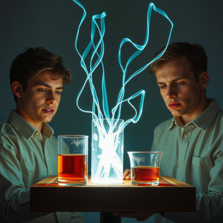 Two men gaze intently at an assembly involving three glasses atop a wooden table. The central glass is emanating vibrant, ethereal blue streams of light that twist upwards dramatically. On either side of the central glass, smaller glasses contain a rich red liquid, contrasting with the glowing center. Both men are dressed in light-colored shirts and appear deep in thought or concentration. The background is dark, highlighting the mystical glow and the focused expressions of the men. The scene suggests a blend of science and art, merging elements of mystique and curiosity.の素材
