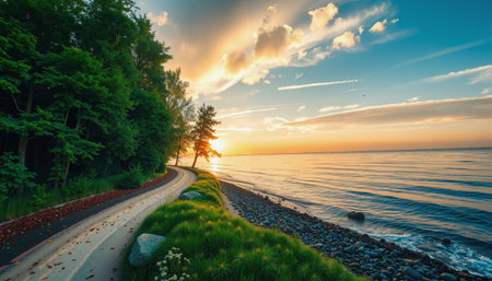 A picturesque coastal pathway curves alongside a tranquil body of water, illuminated by a vibrant sunset. Lush greenery lines the path, contrasting with the rocky shoreline that borders the calm, sunlit waves. The sky is painted in soft pastels with scattered clouds reflecting the warm hues of the setting sun. Tall trees on the left provide a natural canopy, adding depth and texture to the scene. The gentle curve of the path invites a sense of journey and exploration. Birds can be seen in the distance, completing the serene and idyllic atmosphere.の素材