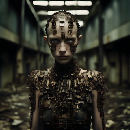 A humanoid figure stands in an industrial setting, adorned with intricate mechanical components. The figures skin appears pale, contrasting with the dark metallic materials embedded throughout the face and torso. The eyes convey a stern, thoughtful gaze, contributing to the overall mysterious and somewhat unsettling atmosphere. The background is blurred, hinting at a rundown or abandoned factory environment with muted colors and indirect lighting. The combination of human and machine elements suggests themes of cybernetic enhancement or dystopian futures. This evokes a sense of curiosity and compels the viewer to ponder the narrative behind the fusion of biology and technology.の素材