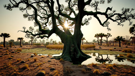 A sprawling, ancient-looking tree stands majestically in the foreground, its thick, gnarled branches reaching across the sky. The sun peeks through the twisted limbs, casting a soft glow and intricate shadows on the arid ground below. In the background, a variety of smaller trees are scattered across the savannah landscape, each with a unique, sturdy form. The dry soil is dotted with tufts of grass and scattered rocks, presenting a rich texture. A small reflective pool lies at the base of the tree, capturing the serene beauty of the scene. The overall atmosphere is tranquil, evoking a sense of timelessness and natural wonder.の素材