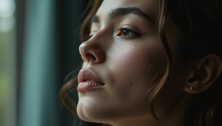 The image presents a close-up side profile of a woman, highlighting her facial features and natural beauty. Her skin appears smooth and flawless, with a soft glow accentuated by natural light. The focus is on her eyes, which seem deep in thought, gazing out towards the light source. Her lips are slightly parted, adding a touch of intrigue and personality to the photograph. A subtle earring is visible, complementing her overall neutral and understated appearance. The background is softly blurred, ensuring full attention remains on her expressive facial features.の素材