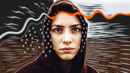 The image features a young person with an intense gaze, wearing a hooded garment. The background is abstract, featuring horizontal and wavy lines in black, white, and earthy brown hues. Overlaid on this dynamic background, there are numerous dollar signs scattered across the scene. A prominent orange wavy line crosses the image horizontally, adding a stark contrast. The design elements suggest a theme of technology and finance, invoking a sense of digital flow. The overall composition creates a visually striking and modern atmosphere.の素材