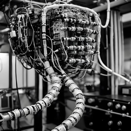 This black and white image showcases a complex assembly of electronic components and wiring, resembling the intricate inner workings of a machine or experimental apparatus. The central focus is a cluster of cylindrical modules, each densely packed and layered, connected by an array of wires. These modules are meticulously arranged, highlighting the precision engineering involved. Surrounding the main cluster are thick cables that loop and snake towards the edge of the image, emphasizing connectivity. The background consists of blurred elements, likely part of a laboratory or industrial setting, contributing to the context of advanced technology. The overall tone is industrial and sophisticated, suggesting high-level engineering and research.の素材