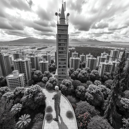 A person stands on a curved walkway, overlooking a city dominated by a tall, slender tower in the center. The scene is depicted in black and white, emphasizing the contrast between the structured buildings and the lush greenery surrounding them. The modern high-rise buildings are interspersed with dense patches of trees, creating an urban-forest interface. In the background, expansive fields stretch towards a range of distant mountains under a sky filled with dramatic, swirling clouds. The tower is equipped with various antennas and satellite dishes, hinting at its significance in communication. The perspective from above captures the vastness of the cityscape, providing a sense of scale and grandeur to the urban environment.の素材