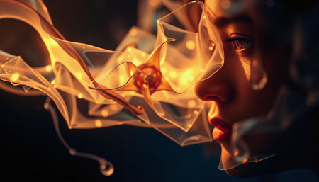 A young person gazes thoughtfully into glowing, abstract shapes surrounding them, casting a warm, amber light across their face. The shapes are delicate, resembling ethereal ribbons that dance in the light, creating a dreamlike atmosphere. The lighting accentuates the gentle features of the person, with the soft shadows enhancing their contemplative expression. There are tiny, bright orbs that illuminate the curves of the transparent shapes, adding depth and a sense of wonder to the scene. The background is a darker, contrasting hue, which helps highlight the vividness of the light and the fluidity of the forms. Overall, the scene evokes a sense of curiosity and introspection, blending surreal elements with a touch of warmth.の素材