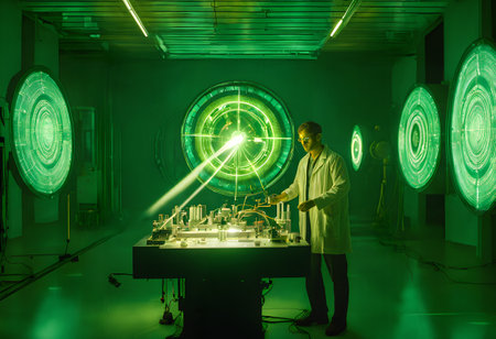 A scientist is positioned in an advanced laboratory filled with futuristic technology. He is surrounded by large circular screens displaying glowing green and blue patterns. A central table holds an array of intricate devices, possibly for research or experiments. A beam of green light is prominently emitted from one of the screens, creating a focal point in the scene. The entire space is bathed in a green hue, enhancing the high-tech and sci-fi atmosphere. The scientist is dressed in a white lab coat, indicating his role in an advanced scientific endeavor.の素材