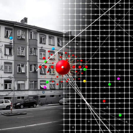 The image features a surreal juxtaposition of a city street scene and a geometric, digital design....