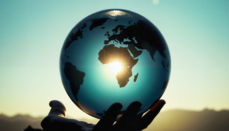 A hand is seen holding a crystal-clear globe against the backdrop of a serene sky. The sun is shining brightly through the center of the globe, illuminating the continents, particularly Africa and Europe. The sky is a mix of soft blue and golden hues, suggesting either sunrise or sunset. The hand is silhouetted, adding to the dramatic effect of the light filtering through the earths model. The image portrays a sense of unity and global interconnectedness, enhanced by the warm colors and peaceful ambiance. This scene could symbolize hope, sustainability, or the fragility of our planet held delicately in human hands.の写真素材