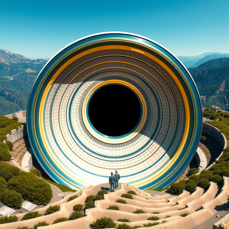 A monumental circular structure dominates the landscape, resembling a massive, futuristic telescope...