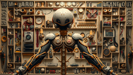 The image features a futuristic scene dominated by a metallic humanoid robot seen from behind, displaying intricate machinery and a sleek design. This robot stands in front of a large, organized wall of shelves, each containing a myriad of mechanical and electronic components, tools, gears, and gauges. The shelves are also home to various retro gadgets, books, and clocks, creating a blend of modern and vintage aesthetics. The robots body exudes a sense of power and sophistication with visible gears and articulated joints. The overall color palette consists of metallic grays and golden hues, adding to the industrial yet artistic atmosphere. This setting evokes a sense of technological advancement and precision craftsmanship.の素材