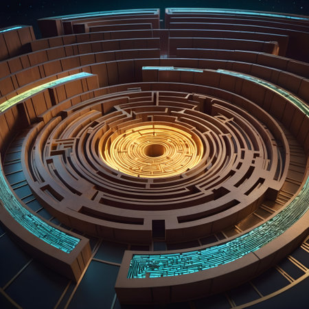 The image displays a three-dimensional labyrinth, intricately designed with concentric circular paths and walls. Each path is meticulously crafted, leading towards a central glowing core that radiates a warm, golden light. This core creates a striking contrast with the surrounding structure, emphasizing its significance within the maze. The outer sections of the maze feature embedded neon blue elements that add a futuristic and technological feel to the scene. The overall composition suggests a blend of ancient architectural styles with modern technology, evoking a sense of mystery and exploration. The lighting, shadows, and colors within the maze enhance its depth, inviting viewers to ponder the journey to its mysterious center.の素材