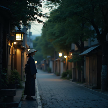A solitary figure stands on a cobblestone street lined with traditional wooden buildings, creating a serene and contemplative atmosphere. The person wears a traditional conical hat, further emphasizing the cultural setting. Soft, warm glow from the street lamps illuminates the scene, casting gentle shadows. The trees lining the street add to the tranquility, their leaves softly rustling in the evening breeze. In the distance, the fading light of dusk creates a harmonious blend of colors against the sky. The overall mood is peaceful and nostalgic, offering a glimpse into traditional life in this quiet neighborhood.の素材