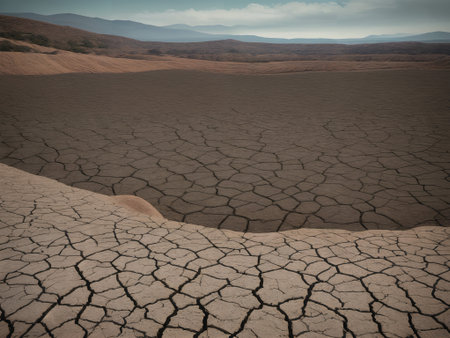 The image depicts a vast expanse of parched and cracked earth, stretching out towards distant hills under a partly cloudy sky. The foreground is dominated by light beige cracked patterns that reveal the extreme dryness of the terrain. As the earth extends further back, the cracked surface takes on a darker hue, suggesting varying soil compositions or shadow play. The distant hills are faint silhouettes, indicating a landscape with minimal vegetation and sparse trees clinging to the arid environment. The sky is a pale blue with scattered clouds, offering a stark contrast to the barren land below. The scene is evocative of drought-stricken regions, highlighting the harshness and severity of desertification.の素材