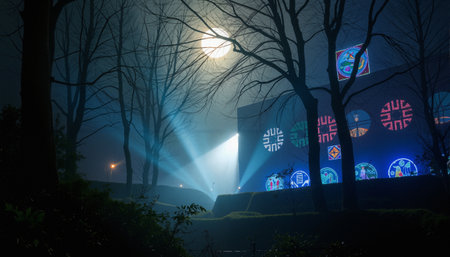 The image captures a mystical night view with a full moon shining brightly behind bare trees, casting an ethereal glow across the scene. Beams of blue light shoot out into the sky, creating dramatic patterns through the trees. A modern building in the background features vivid, illuminated circular patterns that resemble stained glass art. The ambient fog enhances the mysterious atmosphere, lending a dream-like quality to the landscape. Colorful geometric shapes and symbols are visible on the building, adding a futuristic touch. In the foreground, shadows of bushes add depth and contrast to the illuminated backdrop.の素材