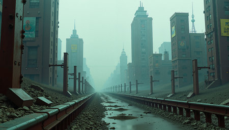 A misty urban landscape stretches into the distance, enveloping the scene in a surreal haze. Tall, uniform buildings line both sides of the avenue, giving the atmosphere a stark, industrial feel. The street is bordered by rusty railings and scattered rocks, hinting at an environment that is both weathered yet structured. The saturation of muted greens and browns conveys a sense of calmness amidst the dense fog. Overhead, antennas and faint markings on the buildings suggest a metropolitan setting. The horizon appears endless, emphasizing the vast expanse of this urban corridor.の素材