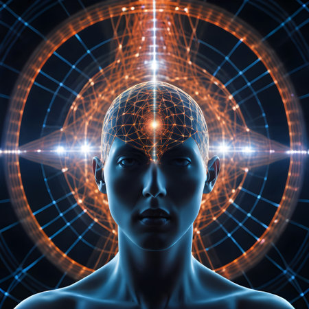 The image depicts a futuristic human figure with a glowing network over the head, symbolizing advanced connectivity or brain activity. The figure is centered, and the network appears to be radiating from the forehead, suggesting themes of intelligence or enlightenment. A prominent, luminous line bisects the figure vertically, enhancing the symmetrical and balanced composition. The background is dark with multidirectional lines, creating a sense of depth and infinite space. The overall color scheme is mainly blue and orange, giving a striking contrast that emphasizes the luminescent effect. The image conveys a sense of mystery and technological advancement, hinting at ideas of artificial intelligence or neural networks.の素材