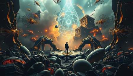 A lone figure stands on a platform amid a surreal, otherworldly landscape. The scene is dominated by swirling geometric patterns in the sky, interspersed with floating, clock-like structures. Two massive, arching figures flank the platform, appearing to guard an ancient, towering building to the right. The sky is a rich mixture of oranges and blues, with clouds and celestial forms adding depth. The ground is littered with mysterious, egg-like objects and angular debris, enhancing the scenes enigmatic atmosphere. Light from the geometric patterns casts an ethereal glow over the entire image, creating a dreamlike setting.の素材