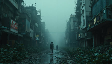 The image depicts a desolate urban street, shrouded in fog and decay. Two figures are visible, walking towards each other in this post-apocalyptic setting. The buildings flanking the street are dilapidated, with signs of overgrown vegetation creeping up their surfaces. Signs and advertisements hang on these structures, their colors faded. Puddles of water reflect the murky atmosphere, adding to the sense of abandonment. The overall color scheme is dominated by muted blues and grays, enhancing the eerie, silent ambiance of the scene.の素材