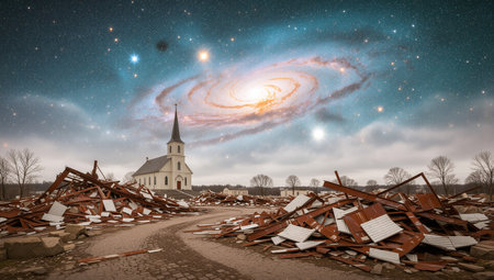A desolate landscape features a large pile of rubble in the foreground, possibly remnants of a demolished building. Behind it, a quaint church stands solemnly, its steeple reaching towards the heavens. The night sky is a tapestry of stars, dominated by a swirling galaxy that casts an ethereal glow. The juxtaposition of the ruined land and the celestial beauty creates a surreal contrast. Leafless trees dot the horizon, adding to the barren atmosphere of the scene. The colors shift from the earthy tones of the debris to the deep blues and bright whites of the cosmic expanse above.の素材