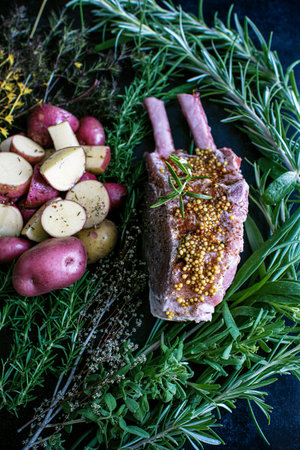 Ingredients for roasted pork and potato saladの写真素材