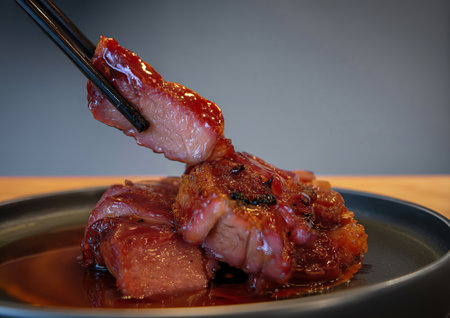 close-up side view chopsticks holding piece of juicy delicious barbecue roasted pork cantonese styleの写真素材
