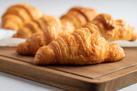 Croissants on a wooden cutting board. Selective focus