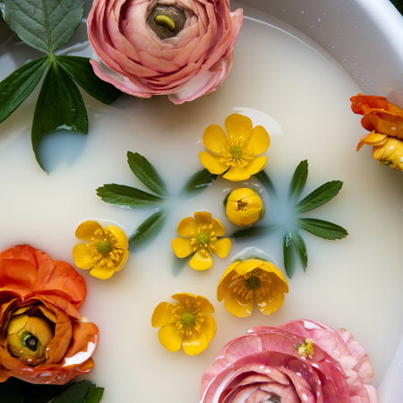 Flat lay beautiful buttercup flowers and leaves in milk bathの写真素材