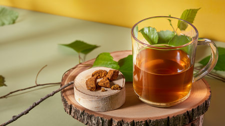 Glass cup of healing beverage of birch mushroom chaga, mushroom pieces, birch twig on wooden plank