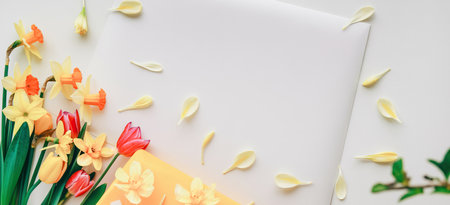 Bright and colorful spring flowers daffodils. tulipの写真素材