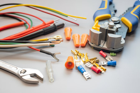 Wire strippers or cable strippers tool and Solderless Terminals on desk