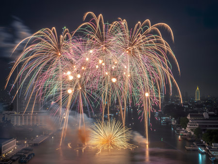 High angle view Fantastic Multicolor Long Exposure shot of Fireworks over Chao Phraya Riverの写真素材