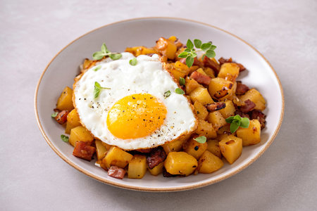Potato, onion and ham hash for breakfast topped with fried eggの写真素材