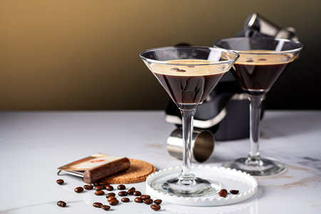 Espresso martini in two glasses, coffee cocktail conceptの写真素材
