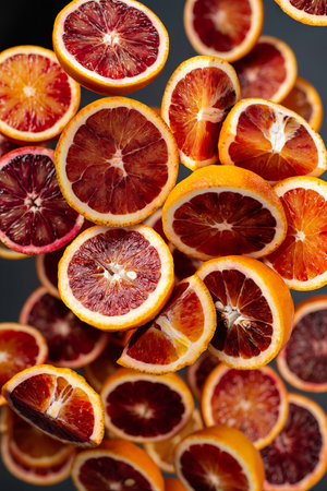 Blood oranges cut into half, juicy winter citrus
