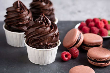 Chocolate cupcakes with thick and glossy ganache frostingの写真素材